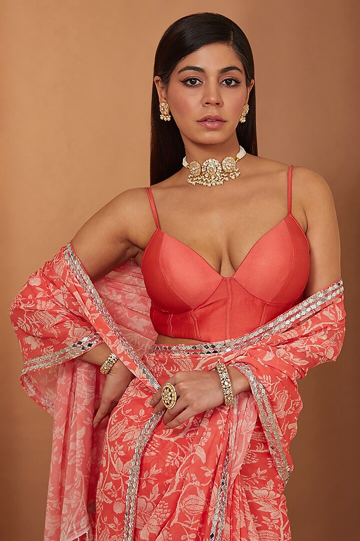 Gajari Red Georgette Floral Printed & Mirror Embellished Party Wear Saree Set by Esha Koul at Pernia's Pop Up Shop