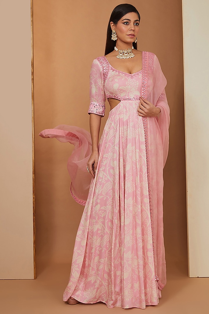Pink Modal Floral Printed & Mirror Embroidered Anarkali Set by Esha Koul