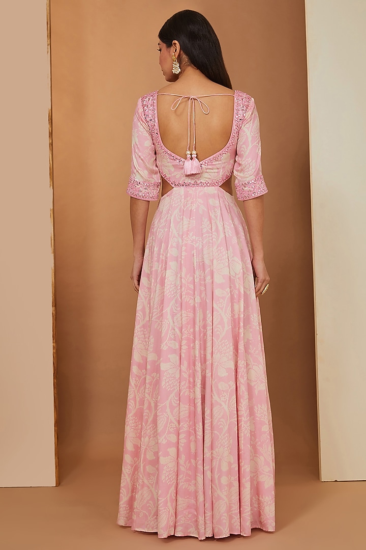 Pink Modal Floral Printed & Mirror Embroidered Wedding Anarkali Set by Esha Koul at Pernia's Pop Up Shop