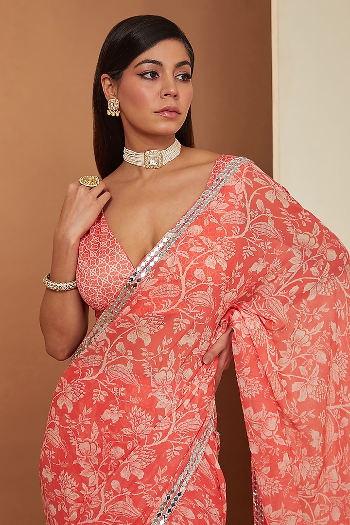 Gajari Red Georgette Floral Printed & Mirror Embellished Party Wear Saree Set by Esha Koul at Pernia's Pop Up Shop