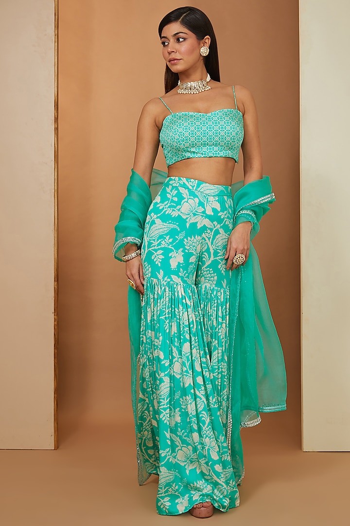 Firozi Blue Modal Floral Printed Party Wear Sharara Set by Esha Koul at Pernia's Pop Up Shop