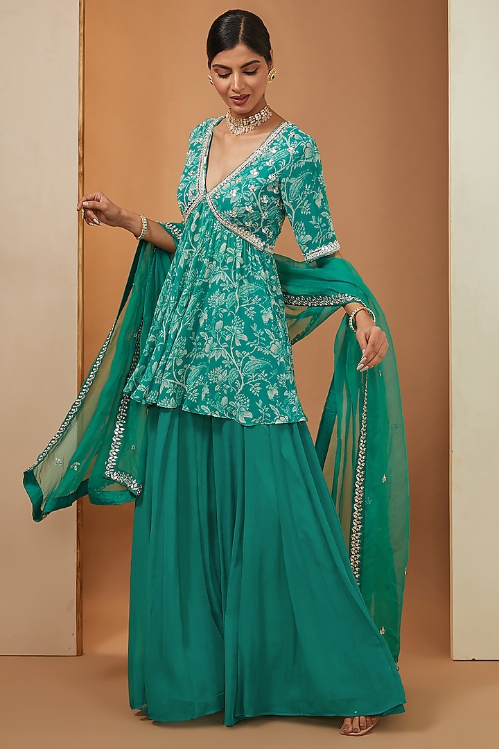 Teal Georgette Palazzo Pant Set by Esha Koul