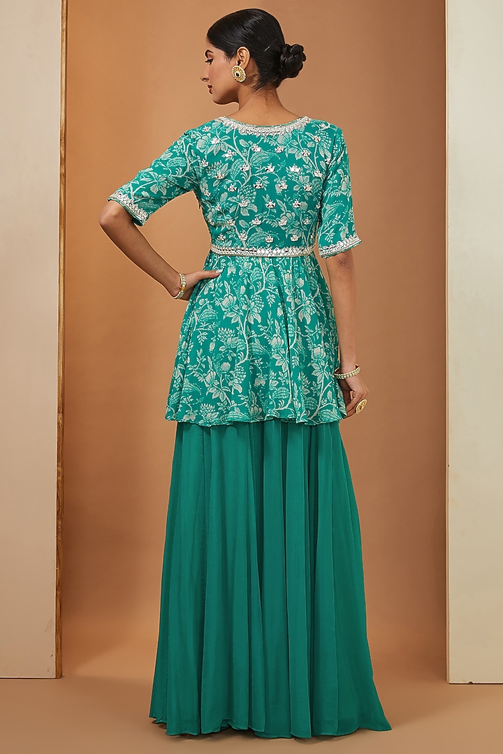 Teal Georgette Palazzo Pant Set by Esha Koul at Pernia's Pop Up Shop