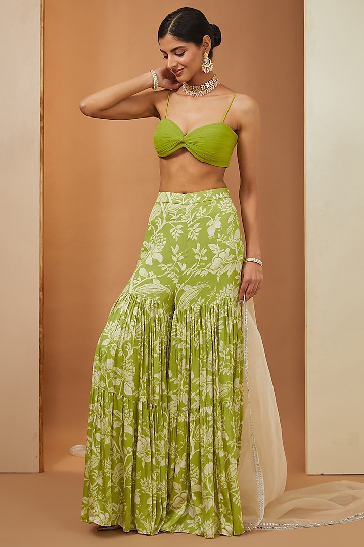 Green Modal Printed Sharara Set by Esha Koul