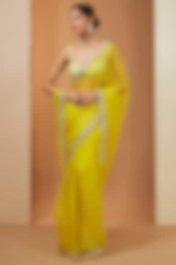 Lemon Yellow Organza Mirror Gota Embellished Saree Set by Esha Koul