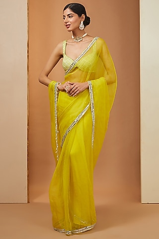 Yellow Poly Georgette Geometric Printed Pre-Stitched Pant Saree Set Design  by Ria Shah Label at Pernia's Pop Up Shop 2024