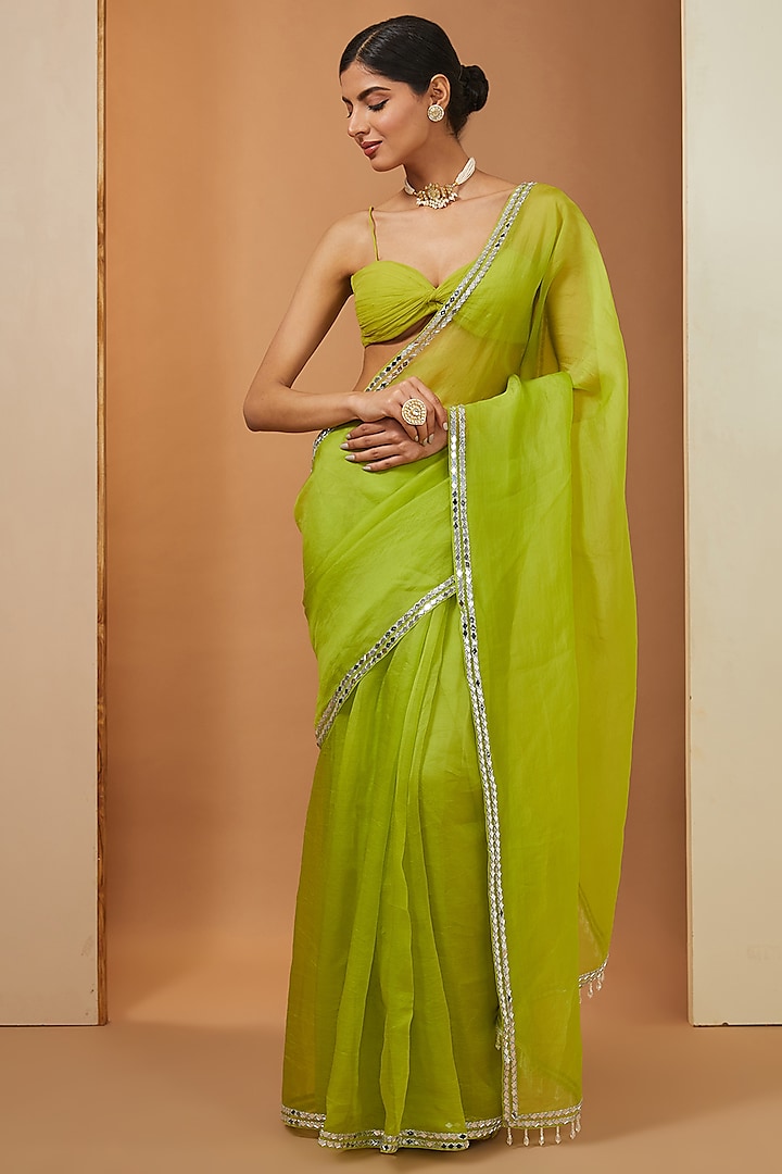 Green Organza Mirror Gota Embellished Party Wear Saree Set by Esha Koul at Pernia's Pop Up Shop