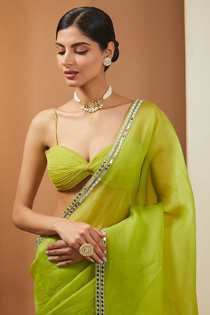 Green Organza Mirror Gota Embellished Party Wear Saree Set by Esha Koul at Pernia's Pop Up Shop