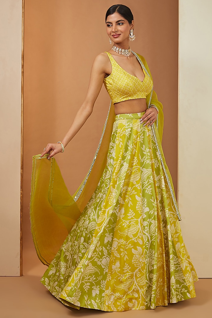 Lemon Yellow & Green Modal Printed Lehenga Set by Esha Koul