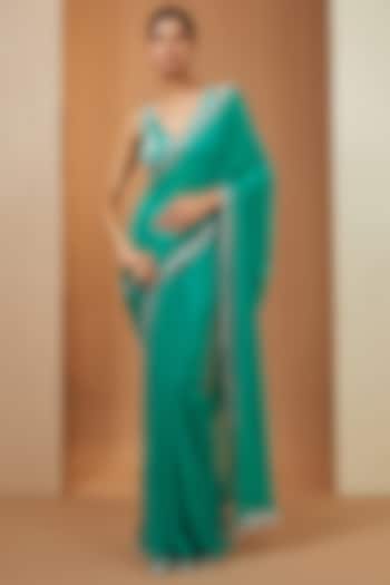 Teal Green Georgette Mirror Gota Embellished Saree Set by Esha Koul