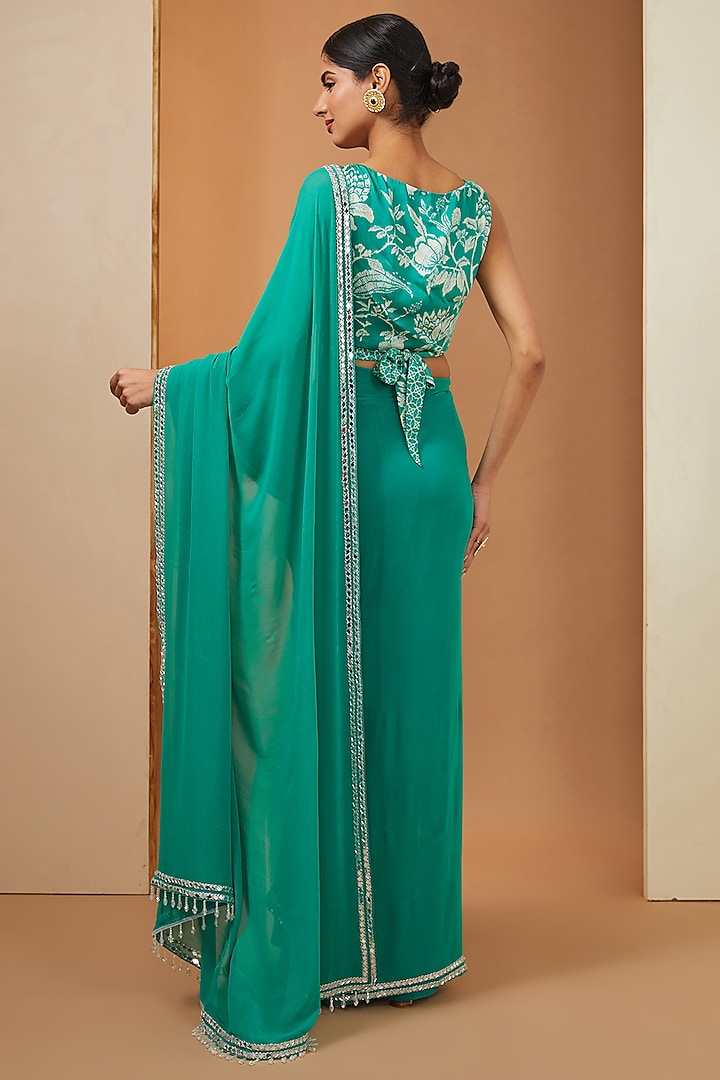 Teal Green Georgette Mirror Gota Embellished Party Wear Saree Set by Esha Koul at Pernia's Pop Up Shop