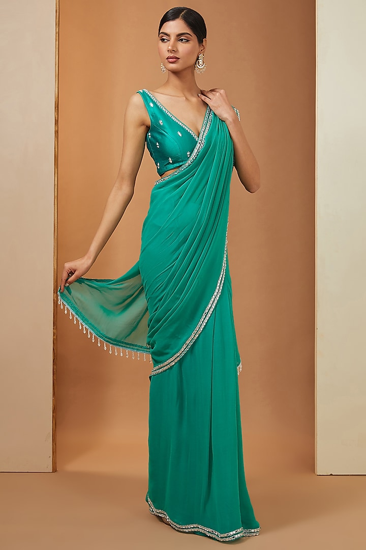 Teal Green Georgette Embellished Saree Set by Esha Koul