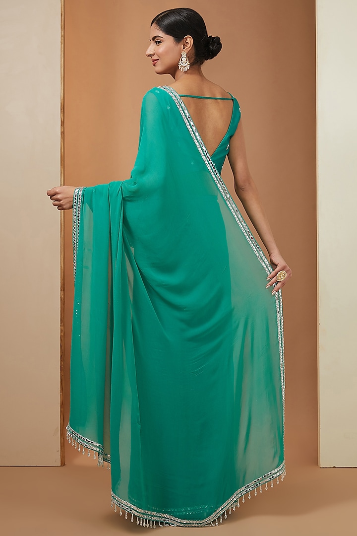 Teal Green Georgette Embellished Party Wear Saree Set by Esha Koul at Pernia's Pop Up Shop