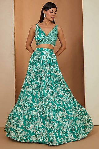 Teal Green Modal Printed Layered Lehenga Set by Esha Koul