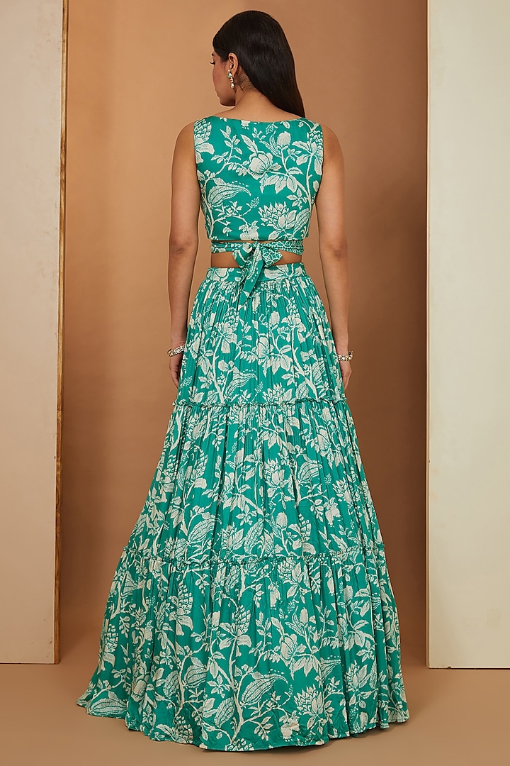 Teal Green Modal Printed Layered Lehenga Set by Esha Koul at Pernia's Pop Up Shop