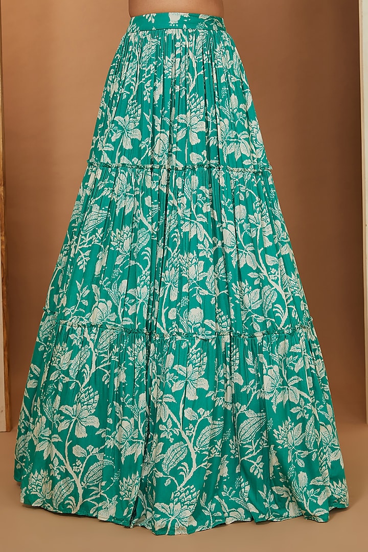 Teal Green Modal Printed Layered Lehenga Set by Esha Koul at Pernia's Pop Up Shop