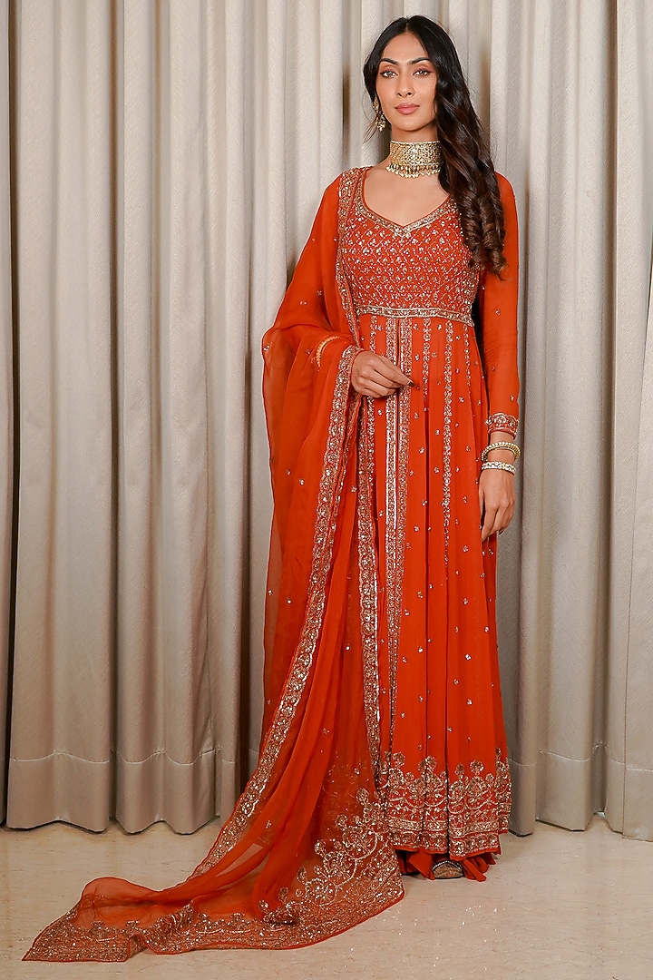 Rust Georgette Sequins Embroidered Bridal Anarkali Set by Esha Koul at Pernia's Pop Up Shop