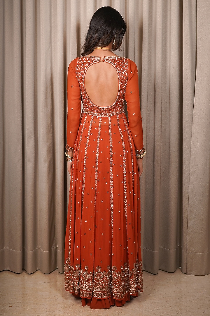 Rust Georgette Sequins Embroidered Bridal Anarkali Set by Esha Koul at Pernia's Pop Up Shop