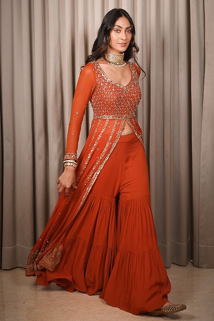 Rust Georgette Sequins Embroidered Bridal Anarkali Set by Esha Koul at Pernia's Pop Up Shop