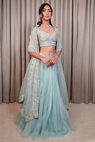 Ice Blue Organza Embellished Lehenga Set by Esha Koul