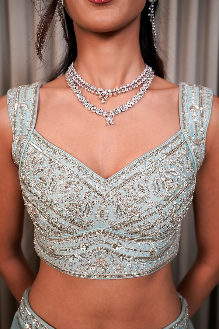 Ice Blue Organza Embellished Wedding Lehenga Set by Esha Koul at Pernia's Pop Up Shop