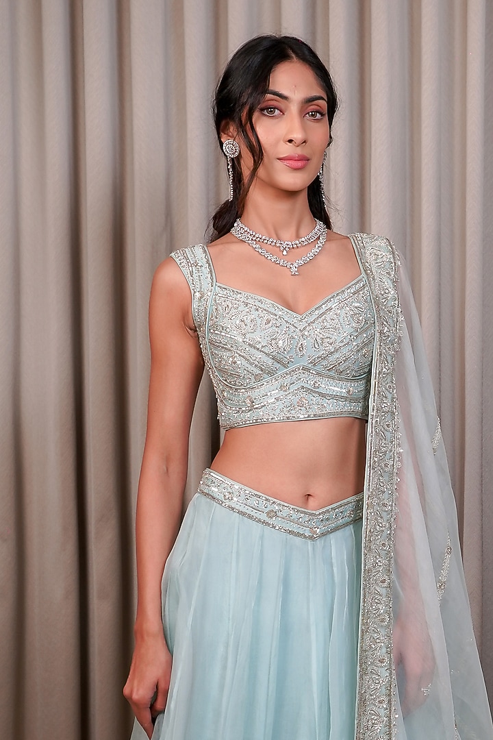 Ice Blue Organza Embellished Wedding Lehenga Set by Esha Koul at Pernia's Pop Up Shop