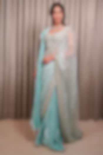Ice Blue Velvet & Organza Sequin Embellished Reception Saree Set by Esha Koul at Pernia's Pop Up Shop
