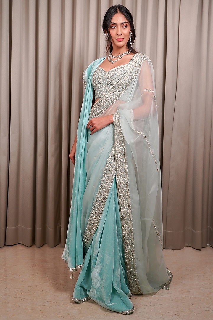 Ice Blue Velvet & Organza Sequin Embellished Reception Saree Set by Esha Koul at Pernia's Pop Up Shop