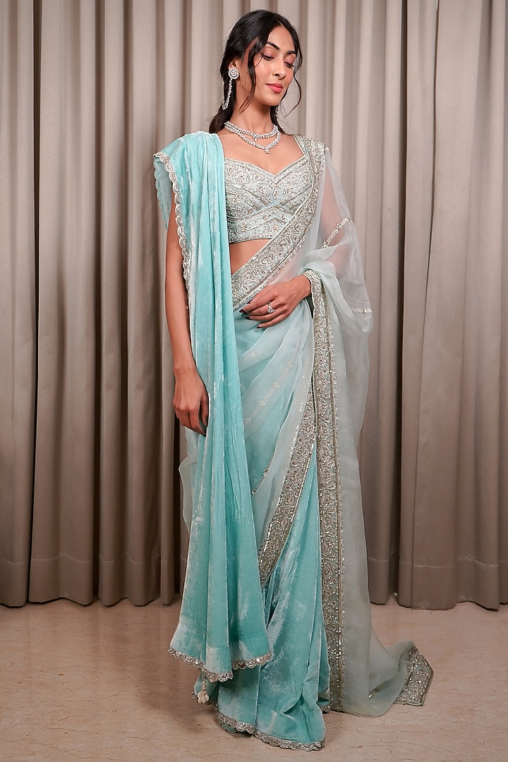 Ice Blue Velvet & Organza Sequin Embellished Reception Saree Set by Esha Koul at Pernia's Pop Up Shop