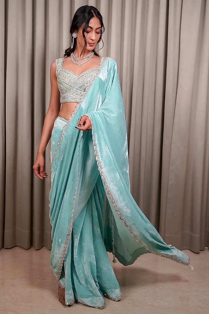 Ice Blue Velvet Sequin Embellished Wedding Saree Set by Esha Koul at Pernia's Pop Up Shop