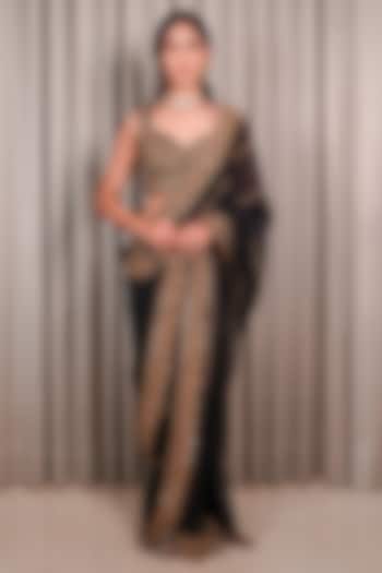 Black Georgette Sequin Embellished Wedding Saree Set by Esha Koul at Pernia's Pop Up Shop