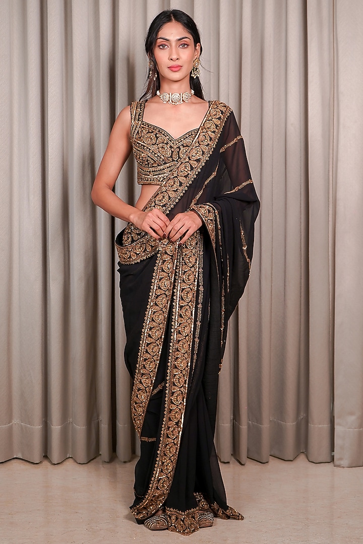 Black Georgette Sequin Embellished Wedding Saree Set by Esha Koul at Pernia's Pop Up Shop