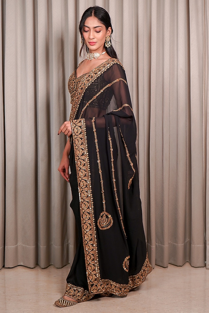 Black Georgette Sequin Embellished Wedding Saree Set by Esha Koul at Pernia's Pop Up Shop