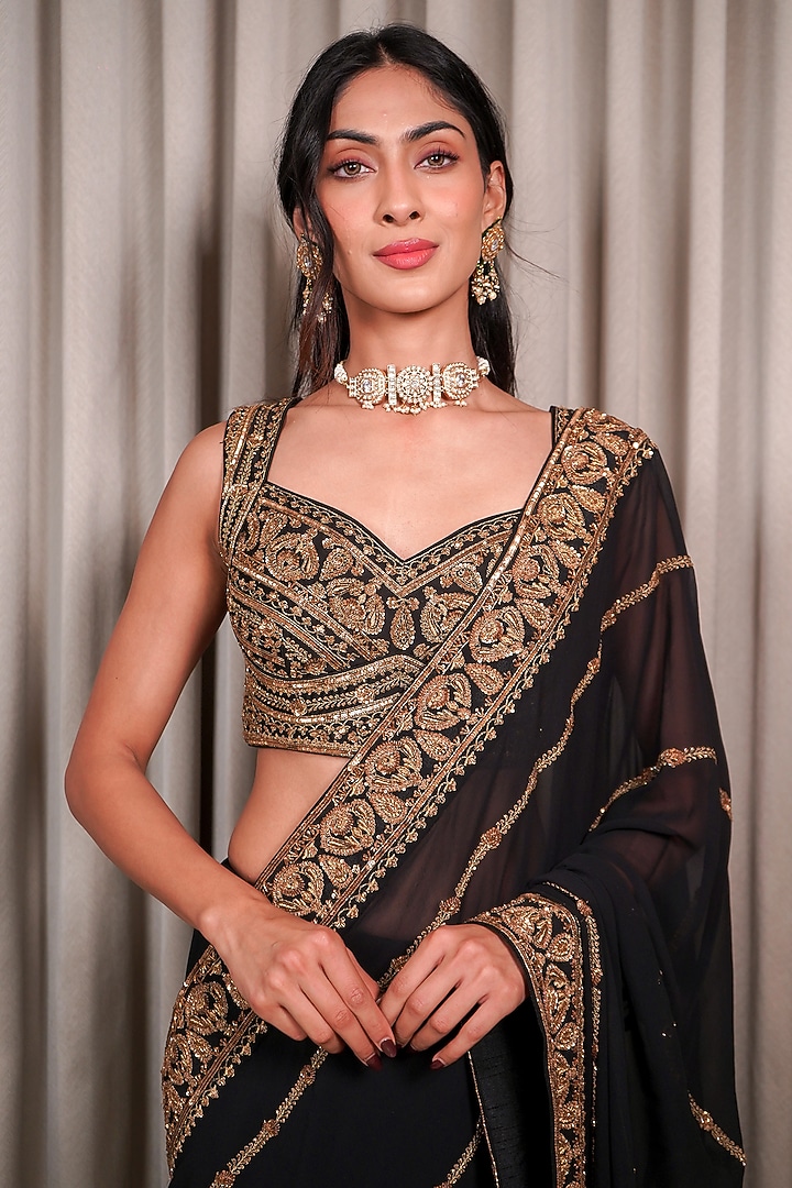 Black Georgette Sequin Embellished Wedding Saree Set by Esha Koul at Pernia's Pop Up Shop