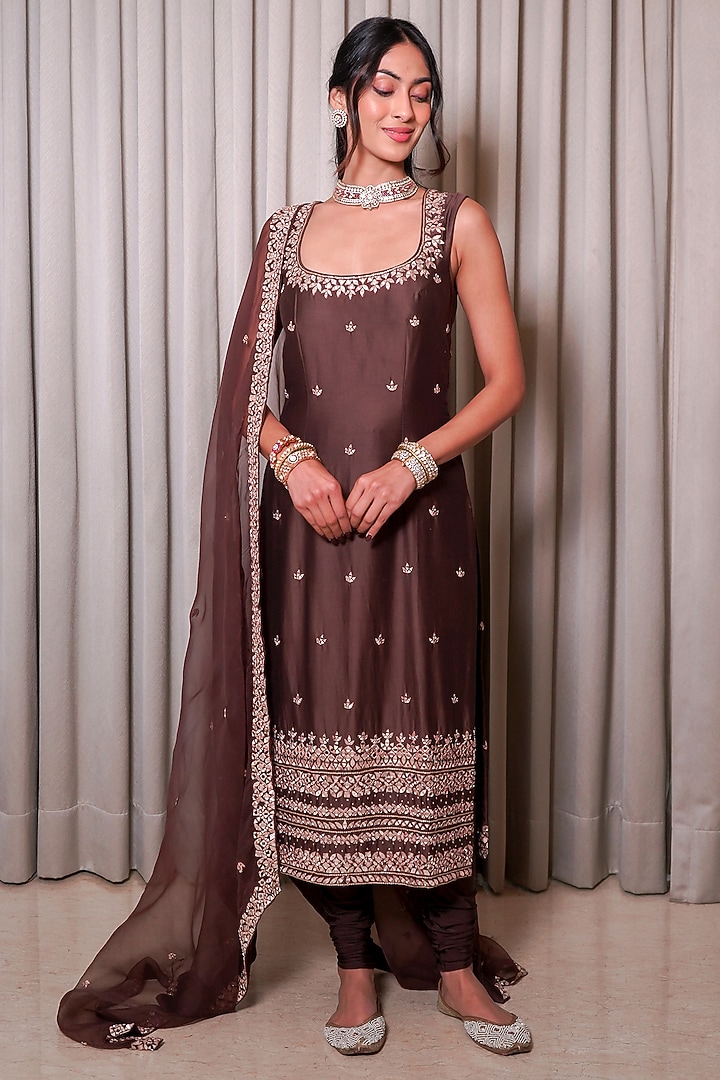 Brown Chanderi Mirror Work Kurta Set by Esha Koul at Pernia's Pop Up Shop