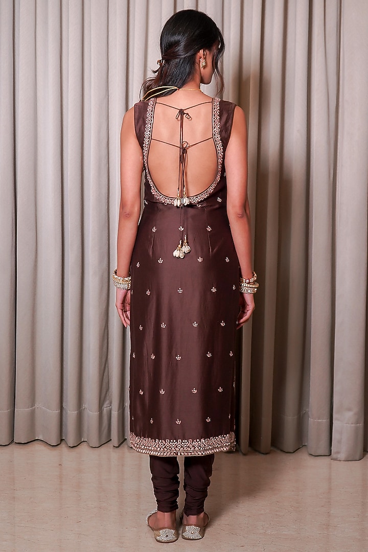 Brown Chanderi Mirror Work Kurta Set by Esha Koul at Pernia's Pop Up Shop