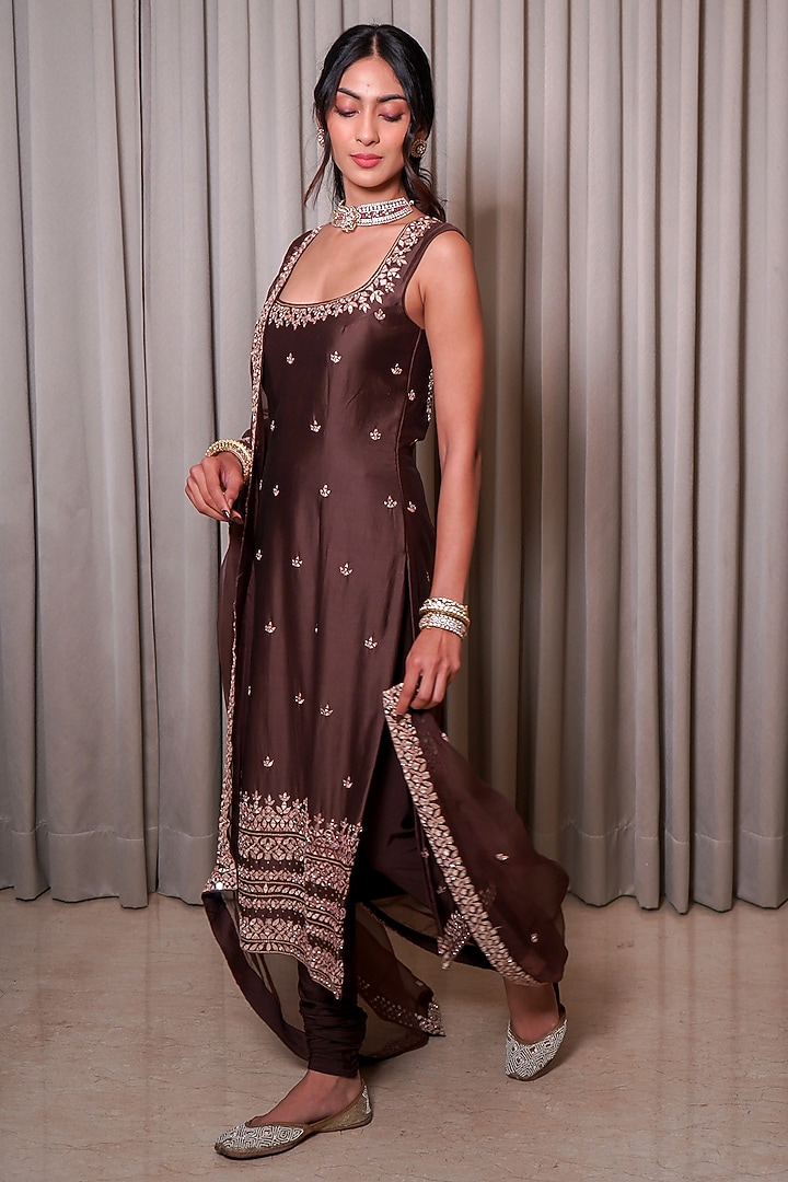 Brown Chanderi Mirror Work Kurta Set by Esha Koul at Pernia's Pop Up Shop