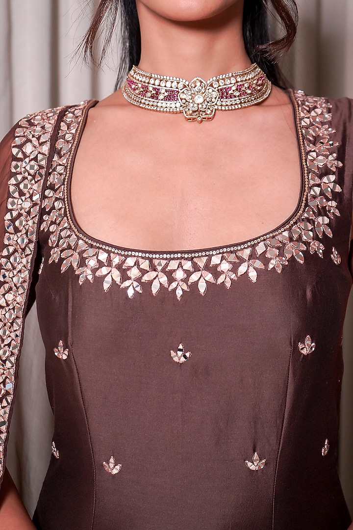 Brown Chanderi Mirror Work Kurta Set by Esha Koul at Pernia's Pop Up Shop