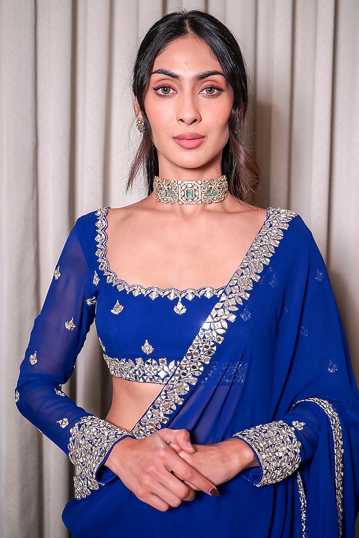Electric Blue Georgette Mirror Embellished Wedding Saree Set by Esha Koul at Pernia's Pop Up Shop