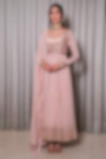 Blush Pink Georgette Sequins Embellished Wedding Anarkali Set by Esha Koul at Pernia's Pop Up Shop