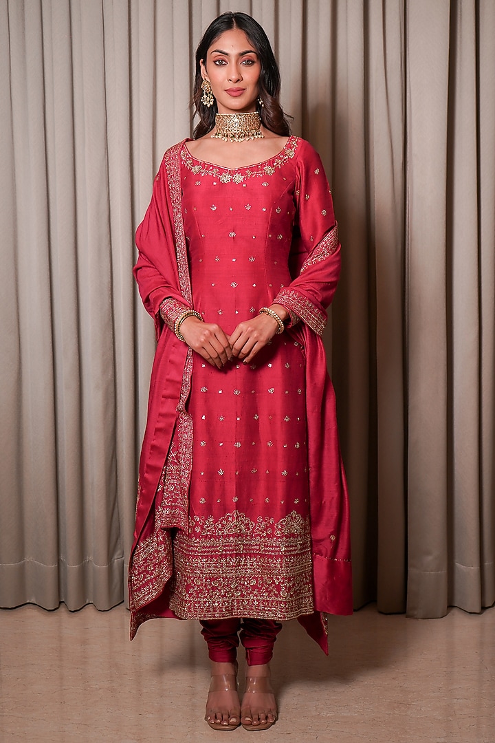 Rose Pink Chanderi Sequins Work Kurta Set by Esha Koul at Pernia's Pop Up Shop