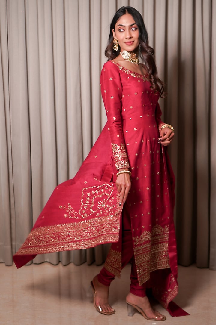 Rose Pink Chanderi Sequins Work Kurta Set by Esha Koul at Pernia's Pop Up Shop