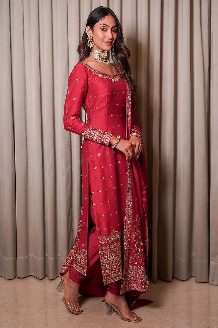 Rose Pink Chanderi Sequins Work Kurta Set by Esha Koul at Pernia's Pop Up Shop