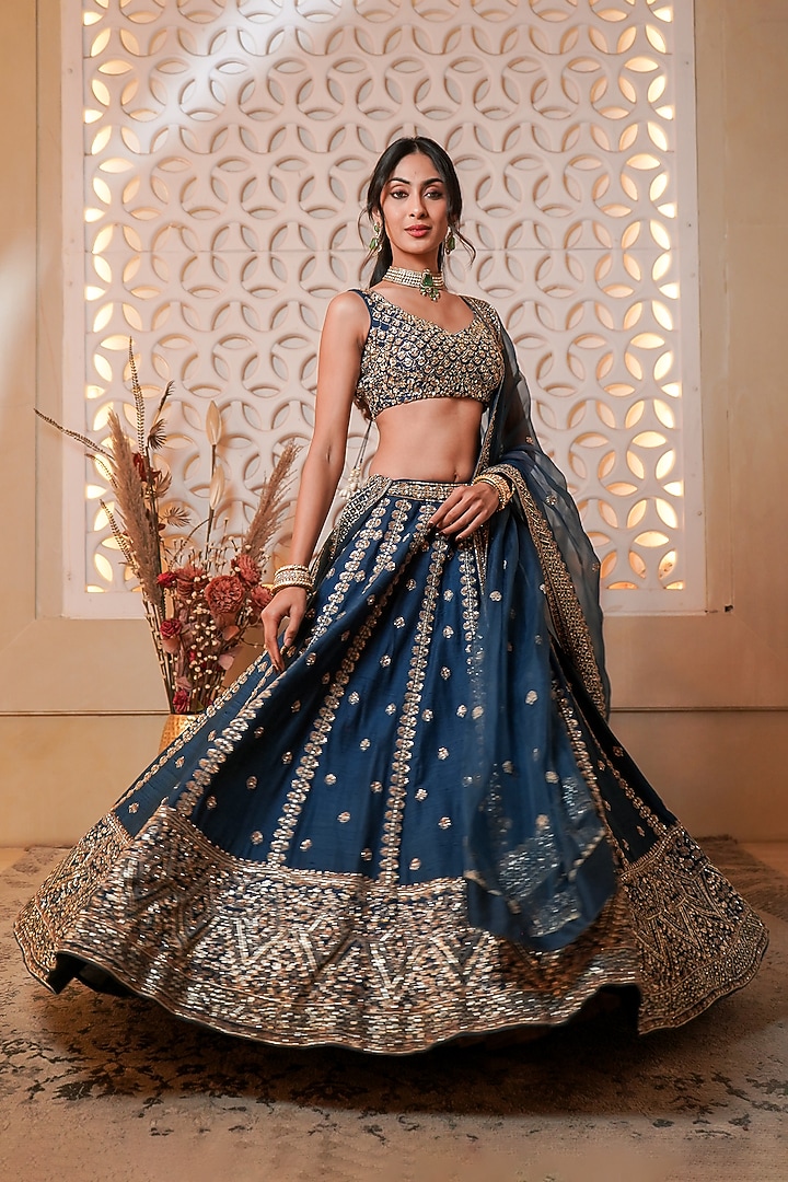 Cobalt Blue Raw Silk Cutdana Embellished Bridal Lehenga Set by Esha Koul at Pernia's Pop Up Shop