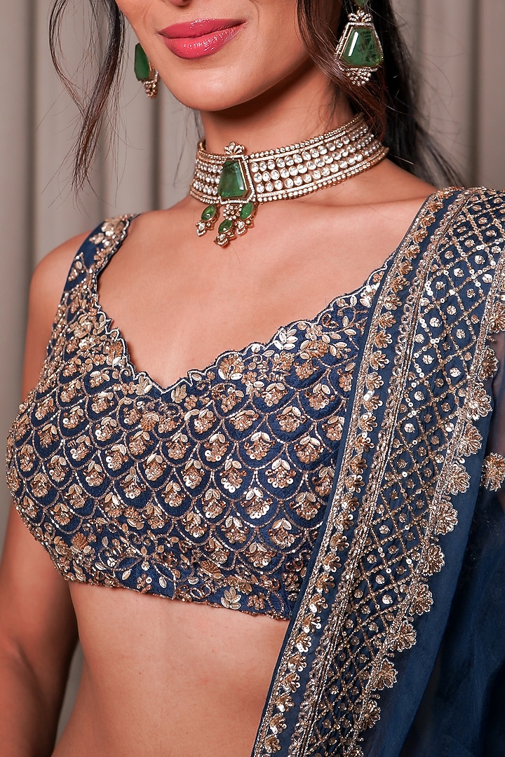 Cobalt Blue Raw Silk Cutdana Embellished Bridal Lehenga Set by Esha Koul at Pernia's Pop Up Shop