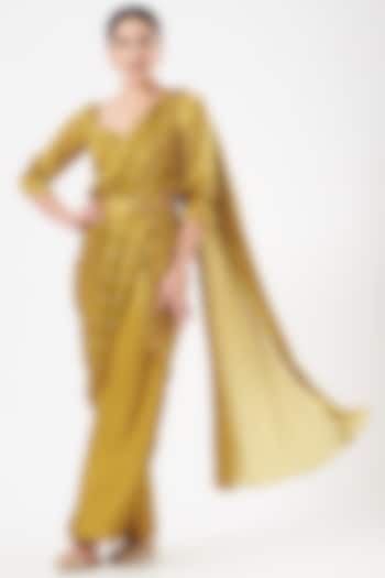 Mustard Modal Satin Floral Printed Pant Saree Set by Esha Koul