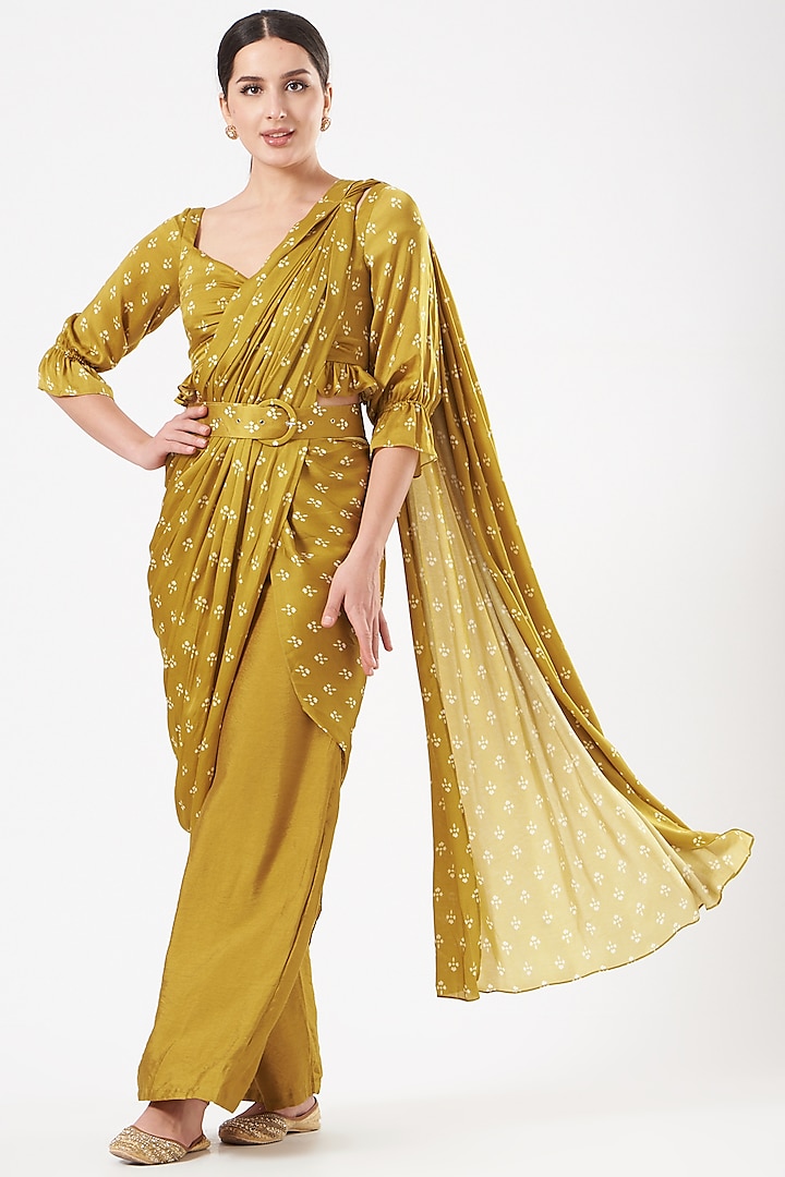Mustard Modal Satin Floral Printed Pant Saree Set by Esha Koul