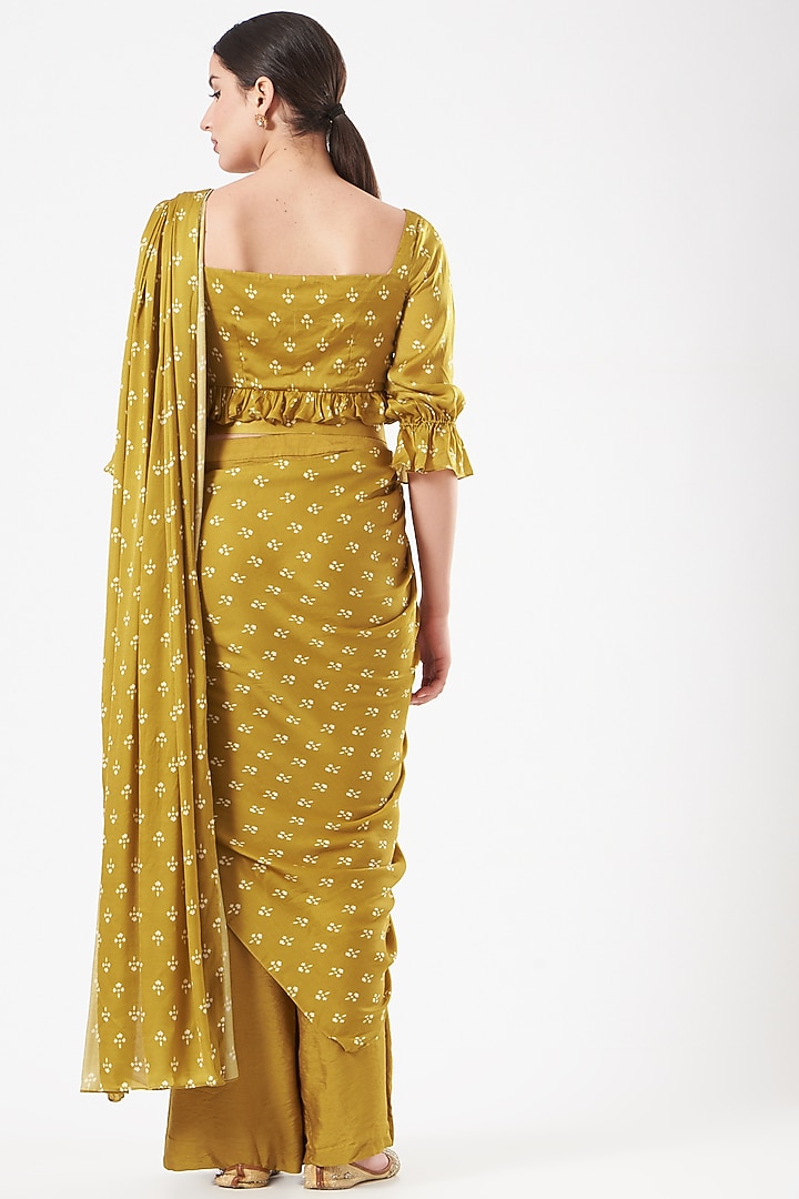 Mustard Modal Satin Floral Printed Pant Party Wear Saree Set by Esha Koul at Pernia's Pop Up Shop