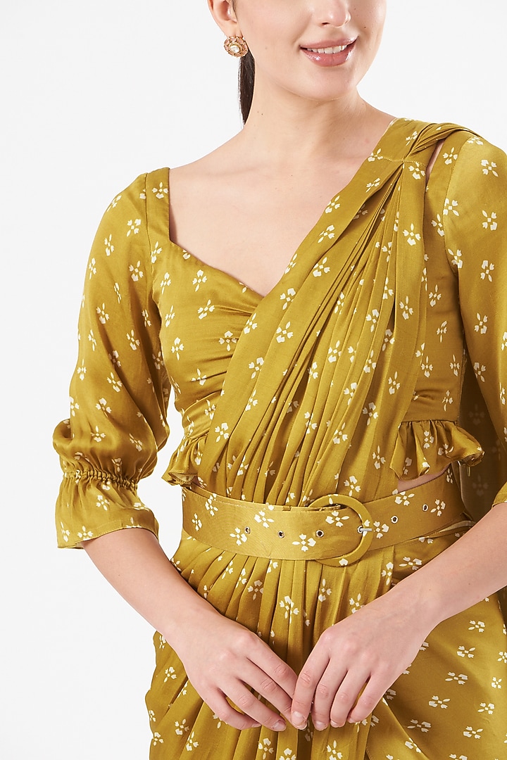 Mustard Modal Satin Floral Printed Pant Party Wear Saree Set by Esha Koul at Pernia's Pop Up Shop