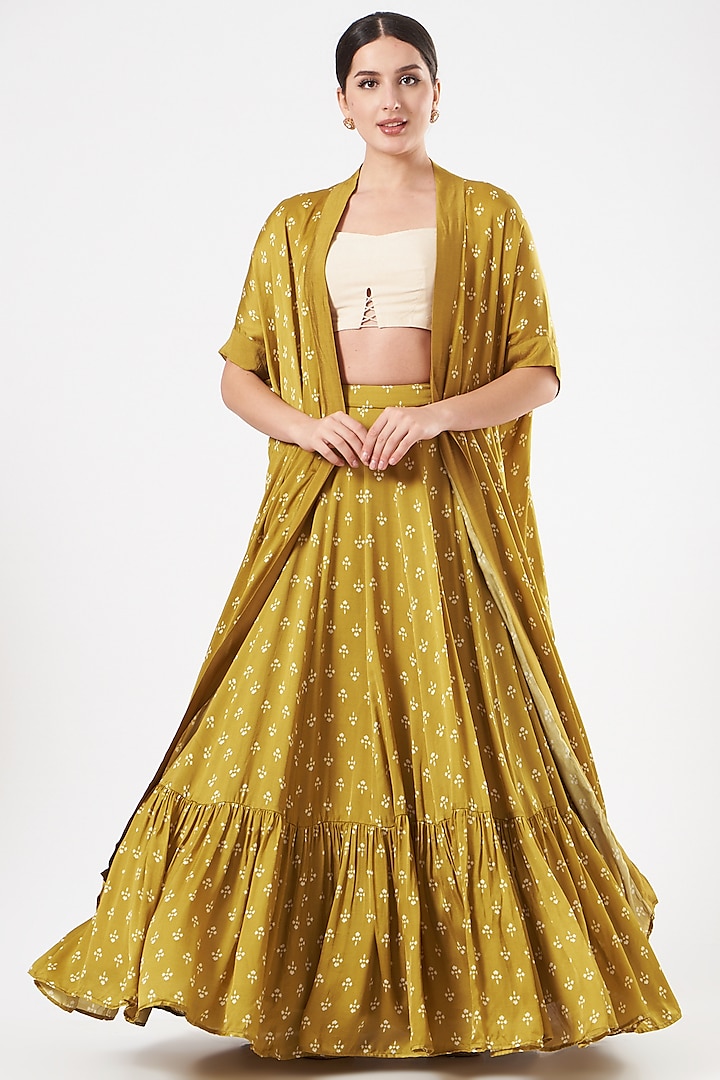 Mustard Floral Printed Skirt Set by Esha Koul